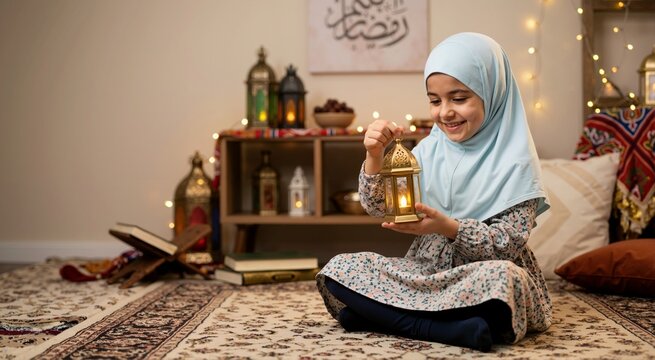 Young Muslim girl in hijab holding a traditional lantern for Ramadan. Child celebrating Islamic holiday at home