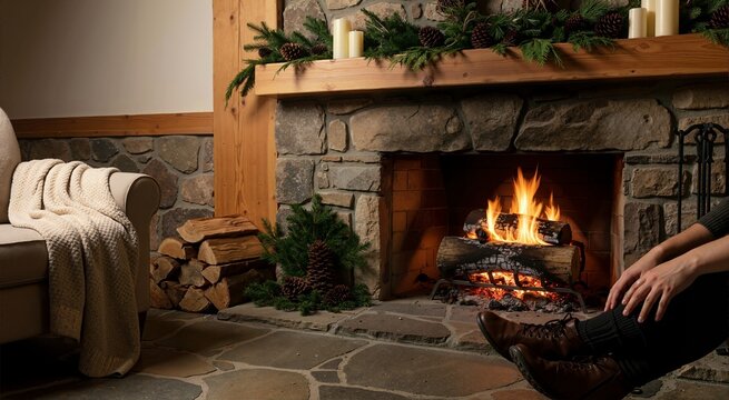 Yule log burning in a rustic stone fireplace. Winter Solstice celebration with cozy living room decor