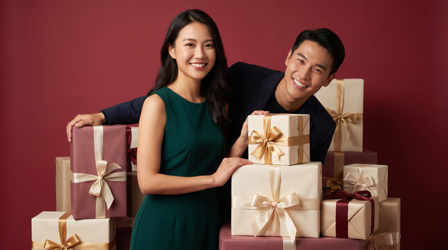 Happy asian couple with christmas gifts and presents festive holiday season