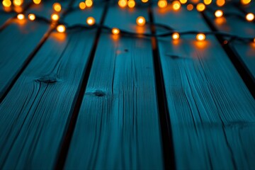 Naklejka premium Rustic Dark Blue Stained Wooden Plank Background with Cozy Soft Glowing Orange Bokeh Fairy Lights