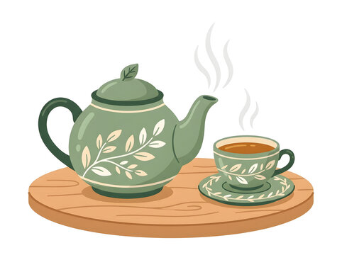Tea pot and cup vector, green botanical ceramic tea set illustration