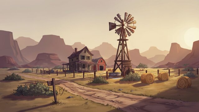 Rustic farmhouse with windmill in a dry desert landscape at golden hour