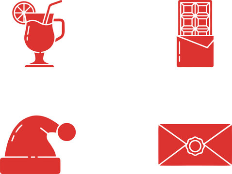 Red Christmas icon set vector illustration featuring mulled wine chocolate bar santa hat and sealed envelope on white background