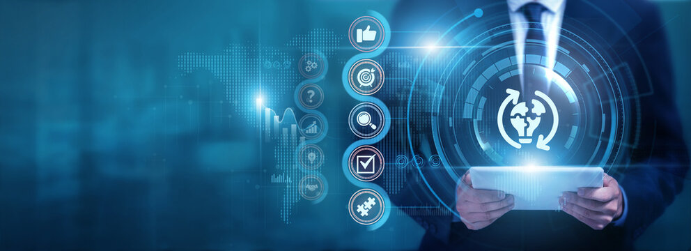 Businessman using tablet analyzing Solutions and business data, identifying operational challenges, evaluating digital strategies, optimizing processes and improving enterprise performance