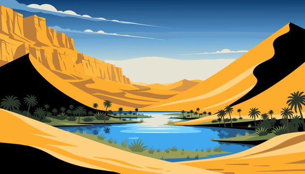 Desert oasis landscape with golden dunes and blue river vector illustration