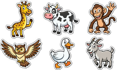 Obraz premium PCute Cartoon Animal Sticker Set featuring Happy Giraffe Cow Monkey Owl Duck and Goat Characters with White Outlines for Kids Craft and Stationery Design