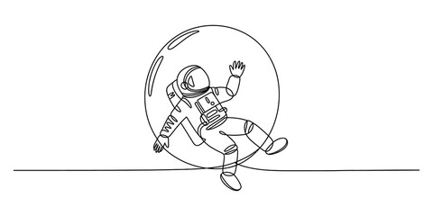 Continuous line drawing of an astronaut floating in outer space © JCS Graphic Design 