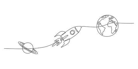 Continuous line drawing of a spaceship flying past earth and saturn in space © JCS Graphic Design 