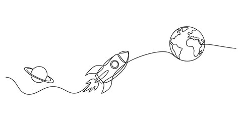 Continuous line drawing of a spaceship flying past earth and saturn in space © JCS Graphic Design 