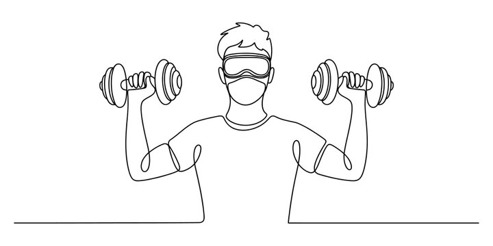 Man wearing virtual reality headset lifting heavy dumbbells in continuous line art