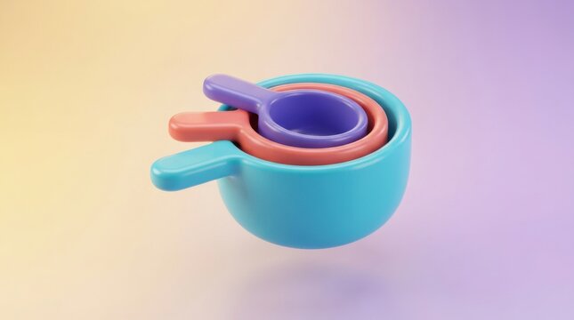 Three colorful nested measuring cups isolated on a soft gradient background for cooking