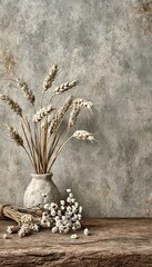 Obraz premium Minimalist Rustic Still Life Featuring Wheat Bundles In A Ceramic Vase On A Weathered Wood Table