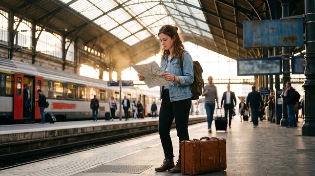 Solo female traveler reading paper map at train station, young woman with vintage suitcase on platform, cinematic railway travel concept