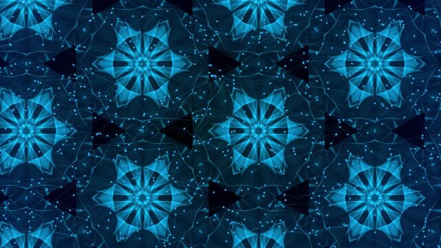 Abstract blue glowing kaleidoscope pattern background with futuristic geometric shapes and particle stars