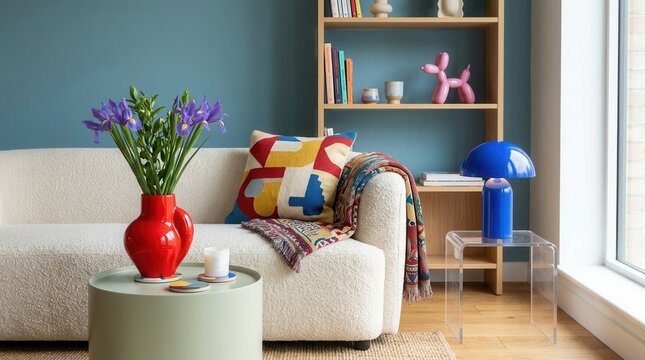 Cozy sofa with a patterned cushion and a blue lamp in a modern living room with playful decor accents and fresh irises in a bold red vase.