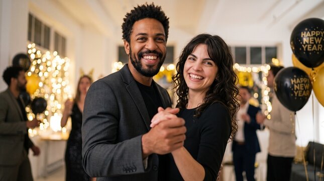 Happy young multicultural couple dancing at New Year party celebration. Smiling Black man and curly brunette woman holding hands during romantic night event with festive lights and balloons.