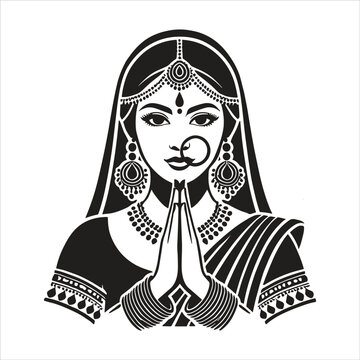 Black and white indian woman illustration making namaste greeting gesture