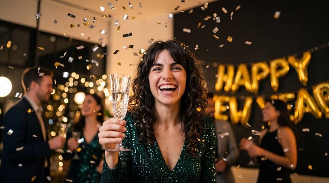 Gladdened brunette woman in sequin dress proposing toast with champagne glass under falling confetti at New Year party. Premium festive stock photo for luxury holiday advertising and promotions.