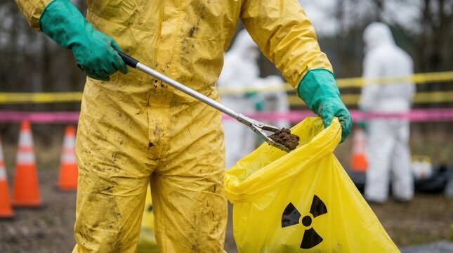 Hazard site cleanup in zone of radiation contamination with worker collecting radioactive soil.