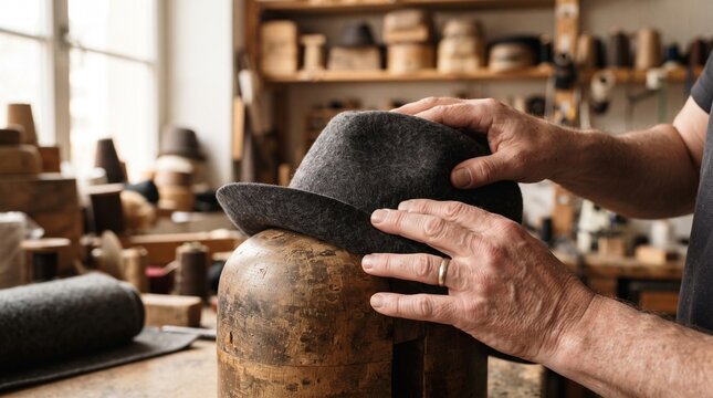 Artisan hatter shaping a felt hat on a wooden block in a traditional millinery workshop