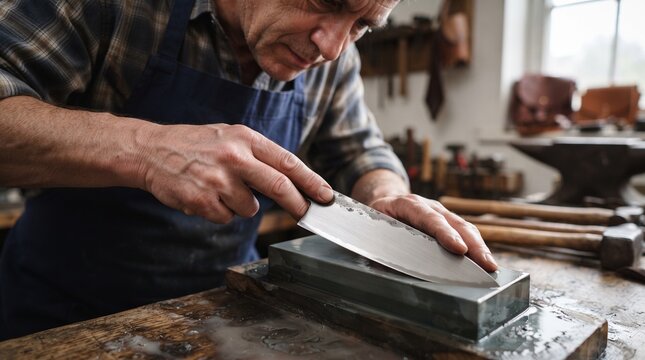 Professional bladesmith sharpening a custom steel knife on a whetstone in a workshop.