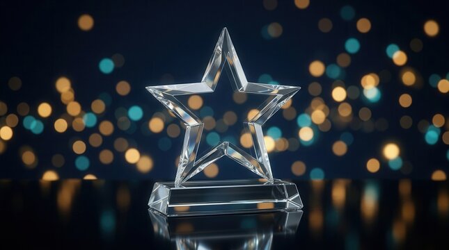 Symbol of achievement and recognition featuring a glass star award on a dark surface.
