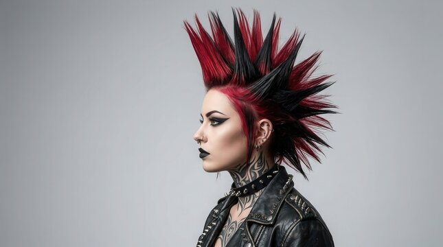 Punk rocker woman featuring a tall red and black spiky mohawk haircut in side profile.