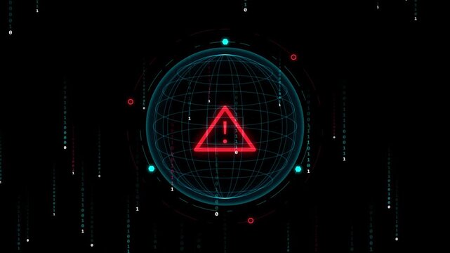 Digital warning triangle surrounded by binary data network visualization elements