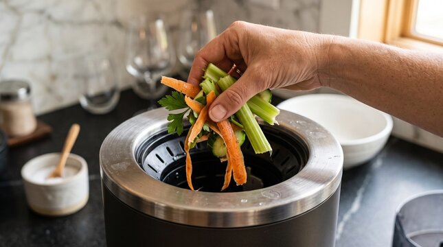 Hand putting vegetable scraps into a kitchen food waste composter machine