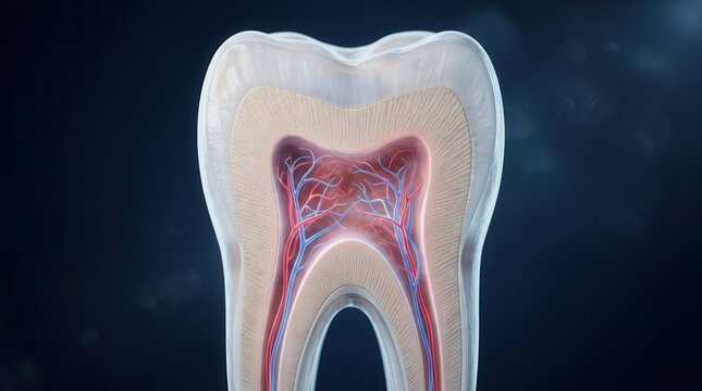 Human tooth anatomical structure featuring a transparent rendering of nerves and pulp