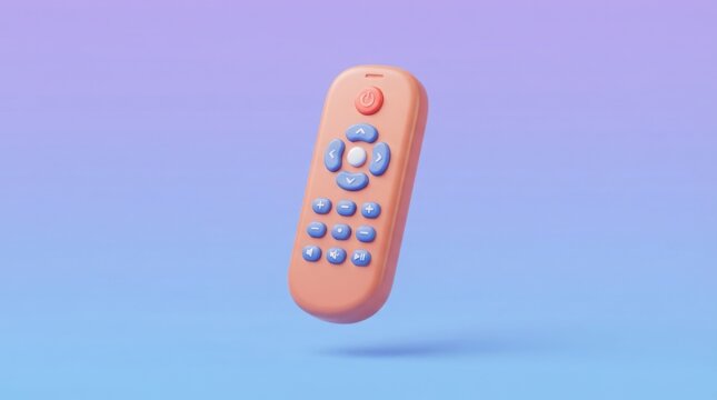 3D render of a colorful television remote control isolated on a soft purple gradient background