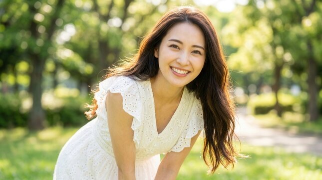 A smiling adult woman wearing a white dress, leaning forward in a lush green park