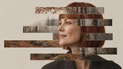 Woman with red hair in profile with autumn forest landscape. Double exposure collage of nature stripes over her face. Harmony between human and nature concept for wellness design. © W.O.W