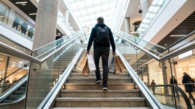 Man walking up modern shopping mall stairs carrying paper bags