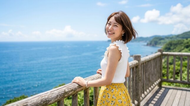 Looking back, a woman wearing a yellow floral skirt and white frill top by the wooden railing at the seaside
