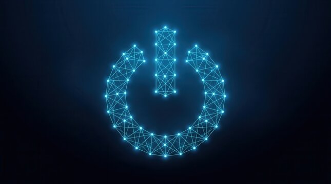 A dark technological background featuring a geometric wireframe power button symbol glowing in blue.