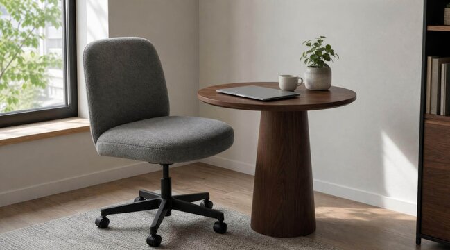 Modern office chair and wooden round table in a sunlit minimal room