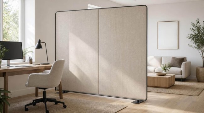 Modern room divider in bright minimalist office interior with wooden desk and sofa