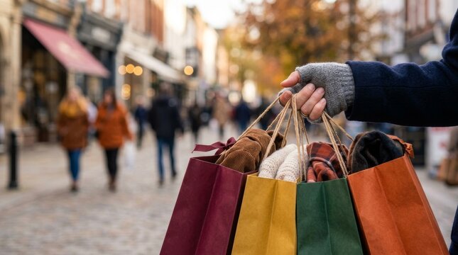 Person holding colorful paper bags on a bustling city shopping street
