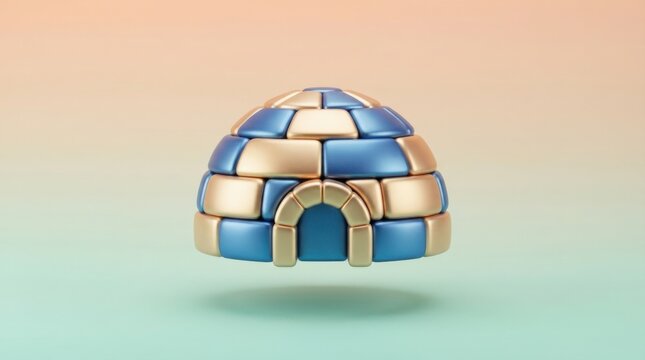 3D render of a stylized igloo icon made with metallic blue and gold blocks