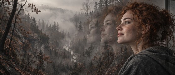 Obraz premium Woman with curly red hair in double exposure over misty forest valley. Her profile blends with foggy mountains and river landscape.