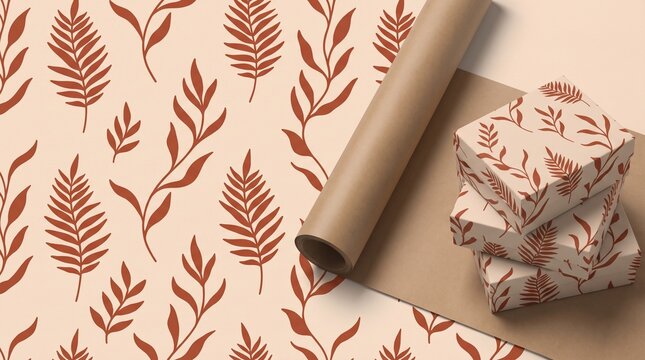 Stacked gift boxes wrapped in botanical leaf pattern paper with a matching roll