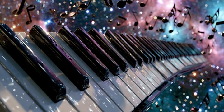 Surreal piano keyboard with floating musical notes against a vibrant starry nebula and galaxy backdrop.