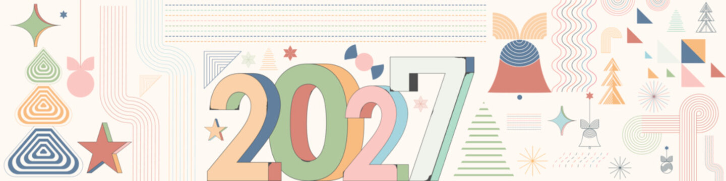 New Year 2027 greeting card, banner, background, flyer, posters design template. Neon gradient colors holidays Layout, presentation, brochure.	