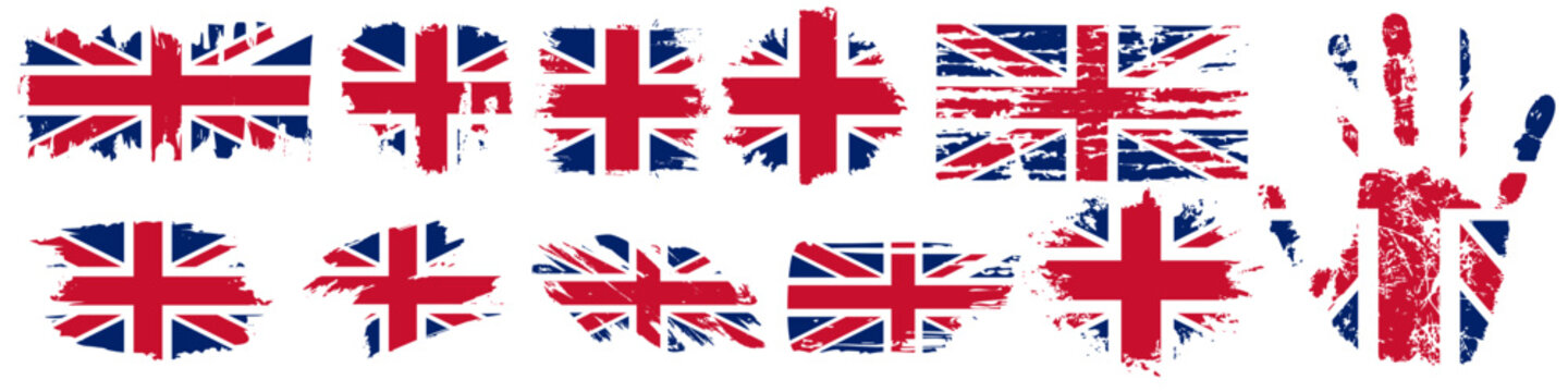 United Kingdom national flag Union Jack, Great Britain UK flag Grunge texture emblem icons set, line brush splash texture emblem with drops