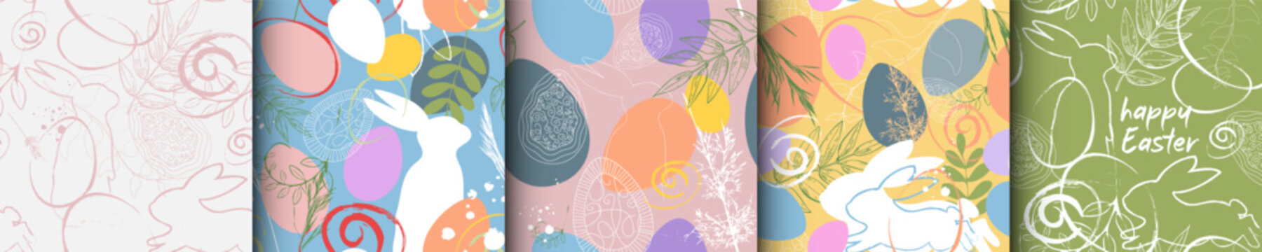 Easter holiday greeting seamless pattern typography. Linear design with Bunny rabbit, Easter eggs, spring plants. Set Template for advertising, web, social media
