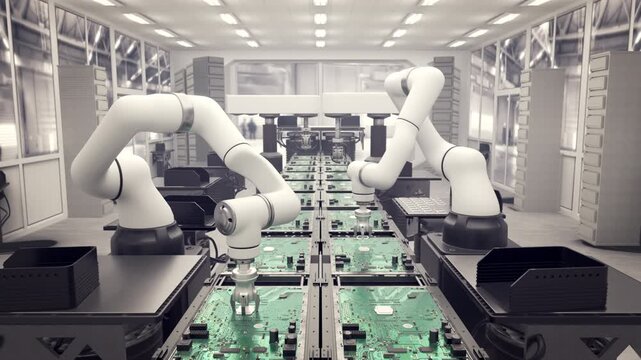 Concept future. High Precision Robot Arms at Bright Electronics Factory. Fully Automated Modern PCB Assembly Line. Component Installation on Circuit Board.