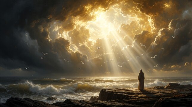 Lone man stands on rocky coast looking at dramatic sky. Golden sunbeams break through dark storm clouds over rough ocean waves. Spiritual scene shows faith, divine light shining on person near sea