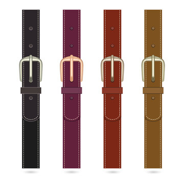 Four leather belts in different colors with metal buckles transparent background