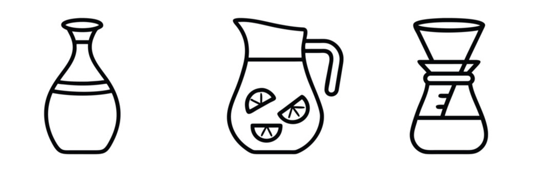 Drink pitcher outline icons set with coffee maker decanter lemonade pitcher carafe vessel & vector illustration with editable stroke.
